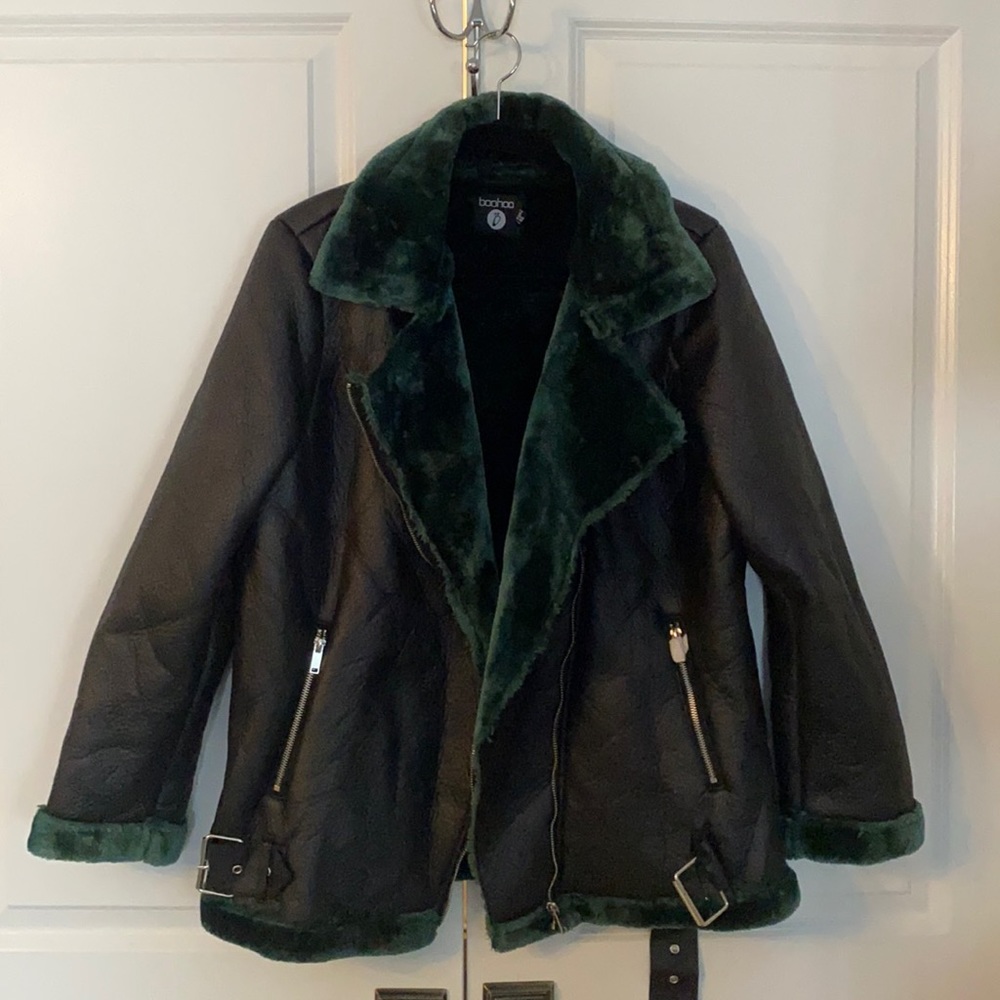 Faux leather jacket lined with faux shearling